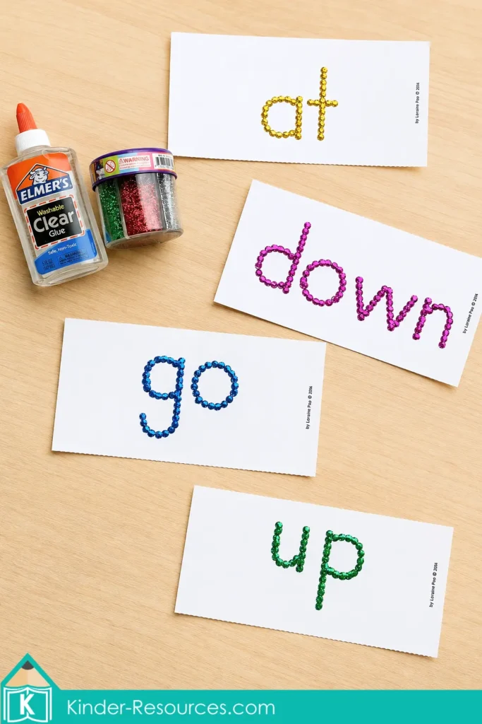 Sight word glitter writing activity using glue and coloured glitter to form at, down, go and up for kindergarten.