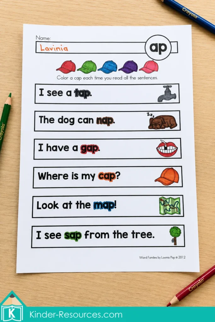 AP word family reading fluency worksheet with decodable sentences, picture clues and repeated reading practice for kindergarten.
