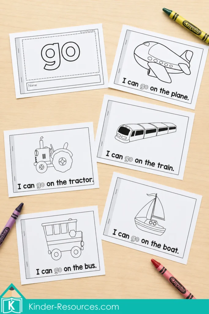 Sight word go emergent reader with plane, train, tractor, boat and bus coloring pages for kindergarten reading practice.