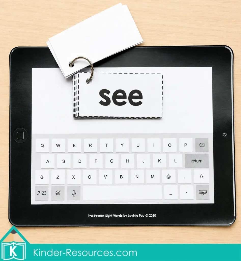 Pre primer sight word keyboard activity with a ring bound see card for kindergarten typing and word recognition practice.