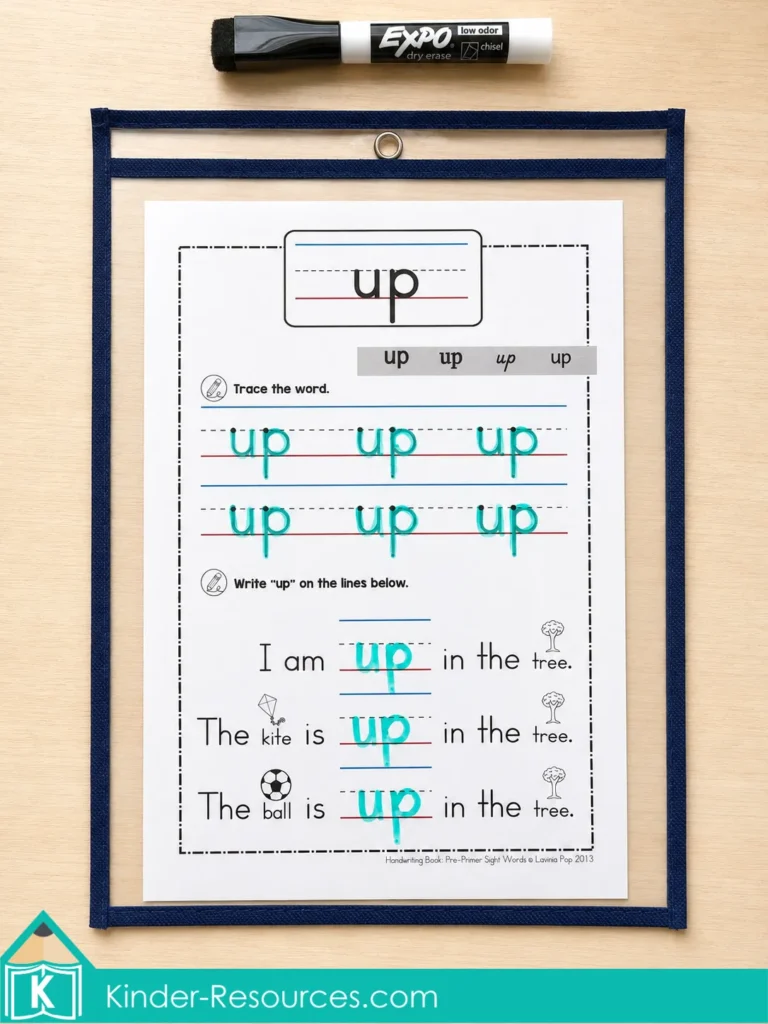 Sight word up handwriting worksheet in a reusable sleeve with tracing and sentence writing practice for kindergarten.