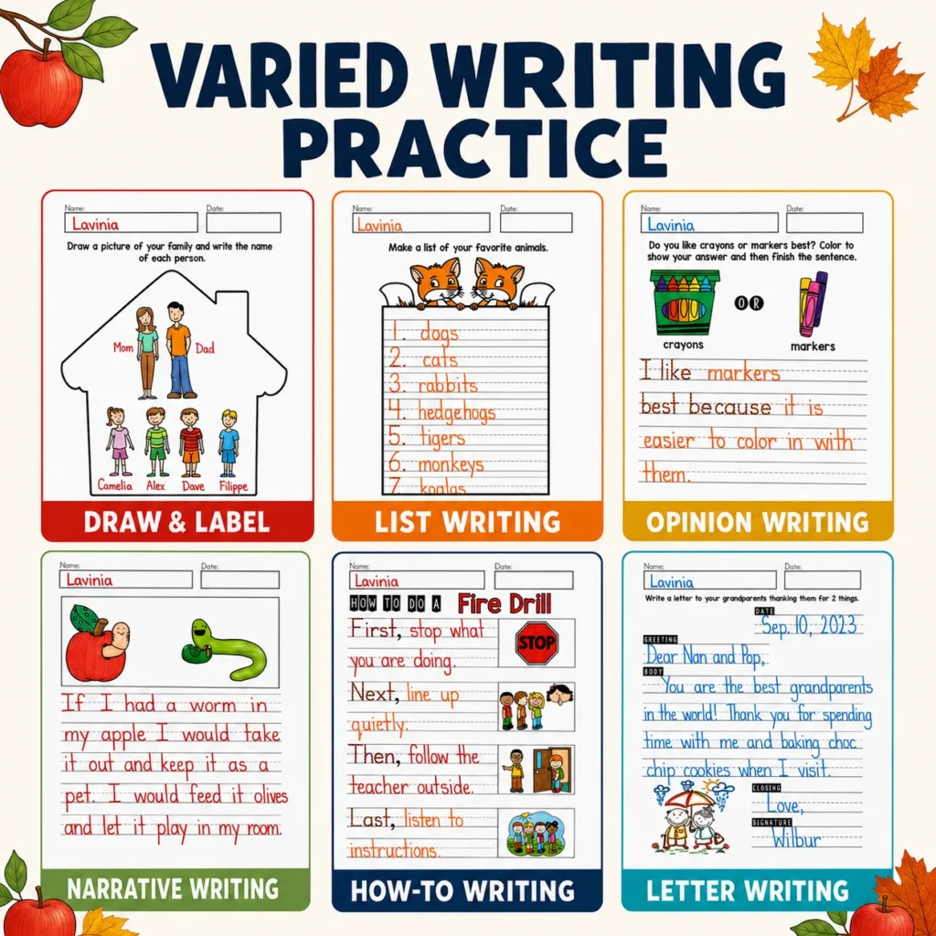 September Writing Journal pages showing draw and label, list, opinion, narrative, procedural, and letter writing activities.
