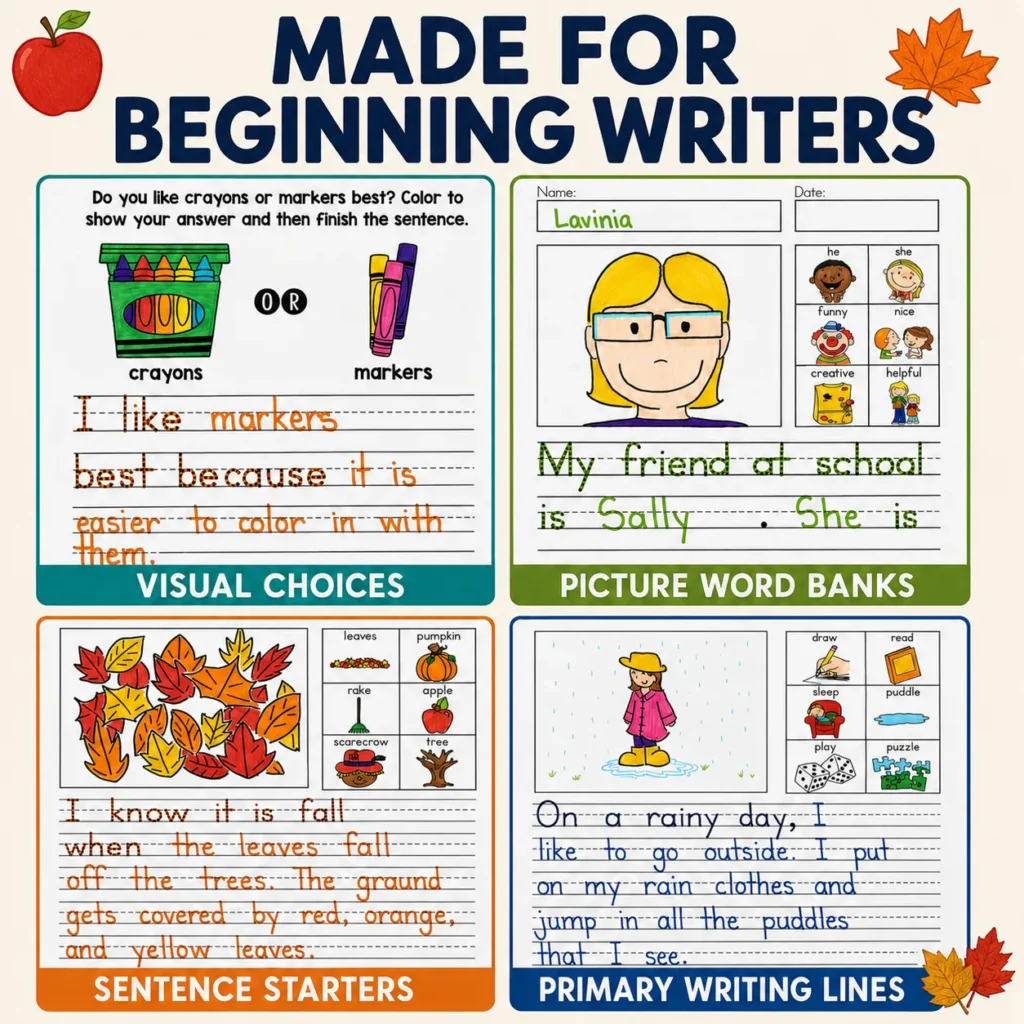 Picture choices, word banks, sentence starters, and primary writing lines that support beginning writers.