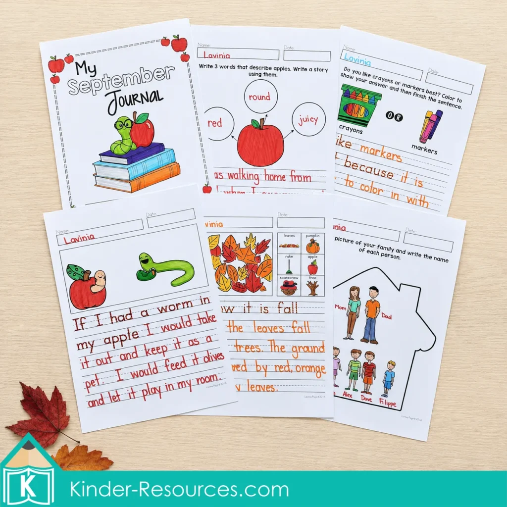 September Writing Journal cover and completed apple, fall, opinion, narrative, and family writing pages.