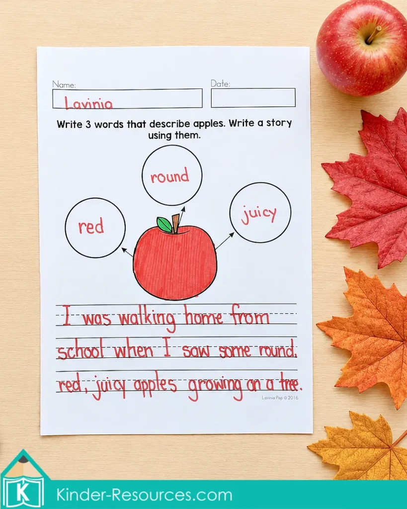 Completed apple writing activity using the describing words red, round, and juicy in a short story.