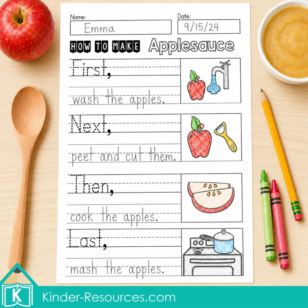 Writing Activity Completed procedural writing page sequencing four steps for making applesauce.