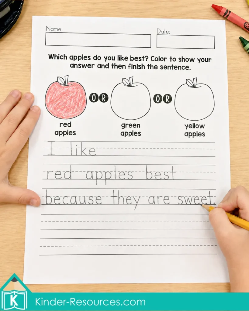 Child writing why red apples are best on a picture-supported opinion writing page
