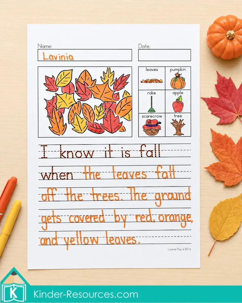 Bank Writing Completed fall writing page using a picture word bank to describe red, orange, and yellow leaves.