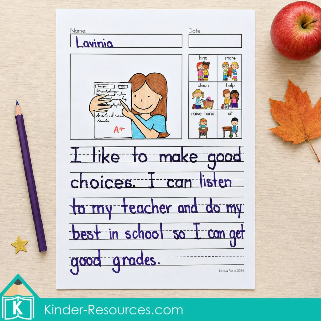 Writing about making good choices using classroom picture supports