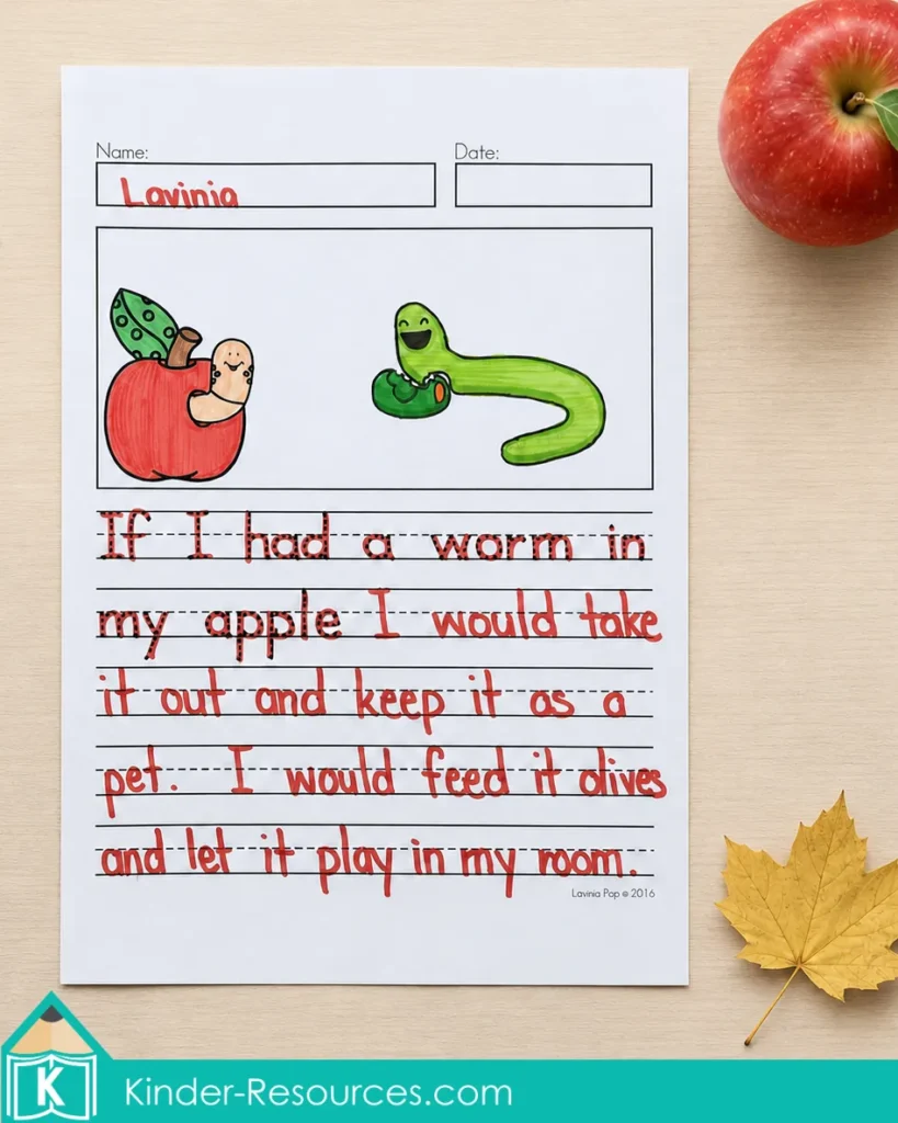Narrative Writing Completed imaginative response about keeping a worm found inside an apple as a pet.