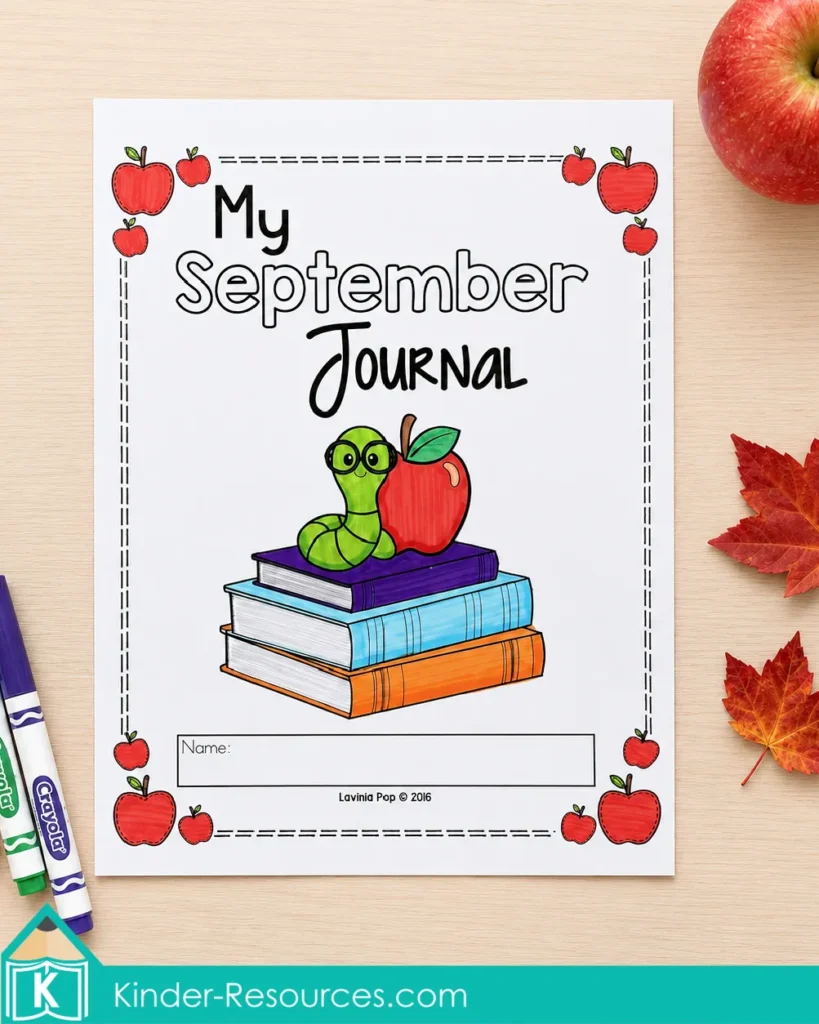 Colored September Writing Journal cover featuring a worm, apple, and stack of books.