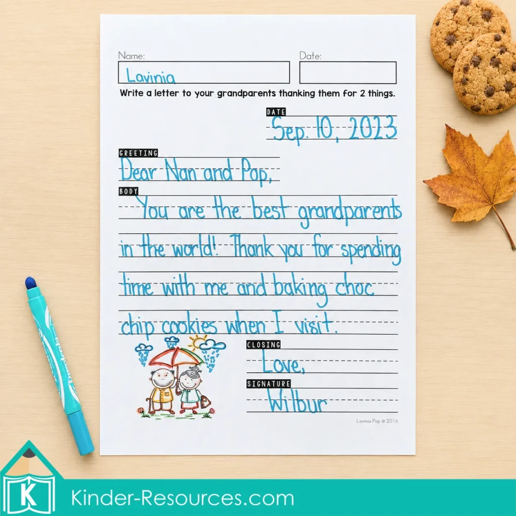 Letter Activity Completed letter to grandparents showing the date, greeting, body, closing, and signature.