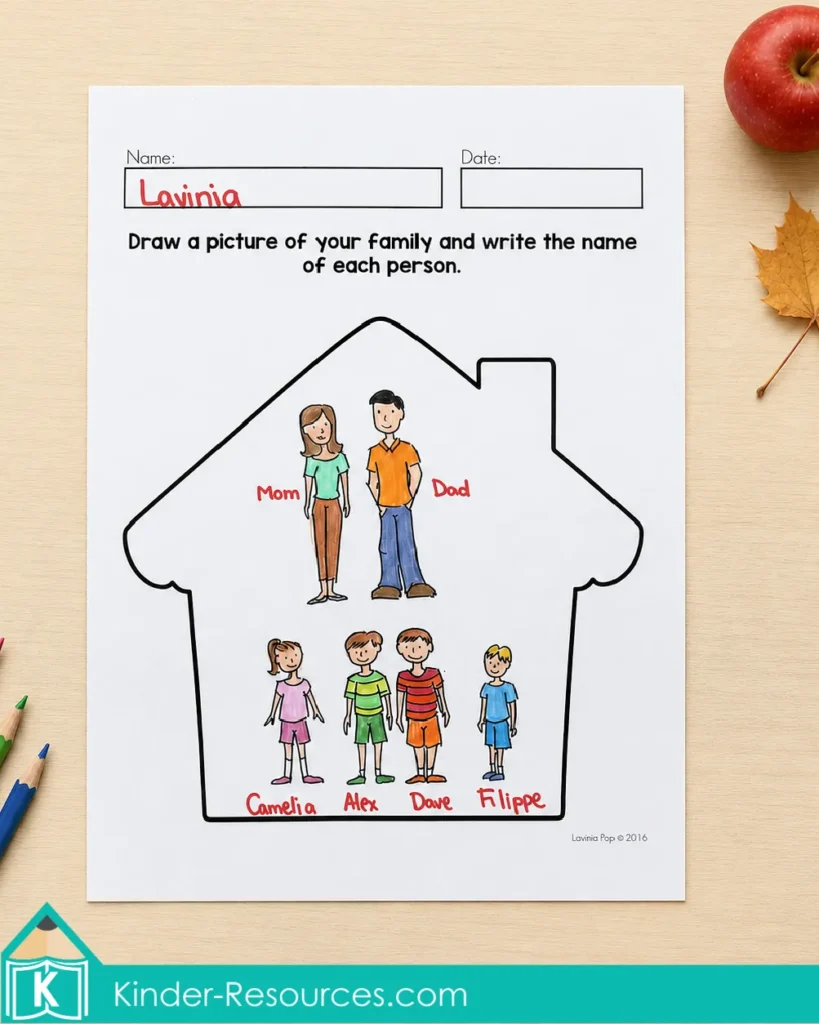 Drawing and labeling family members inside a house for the September Writing Journal
