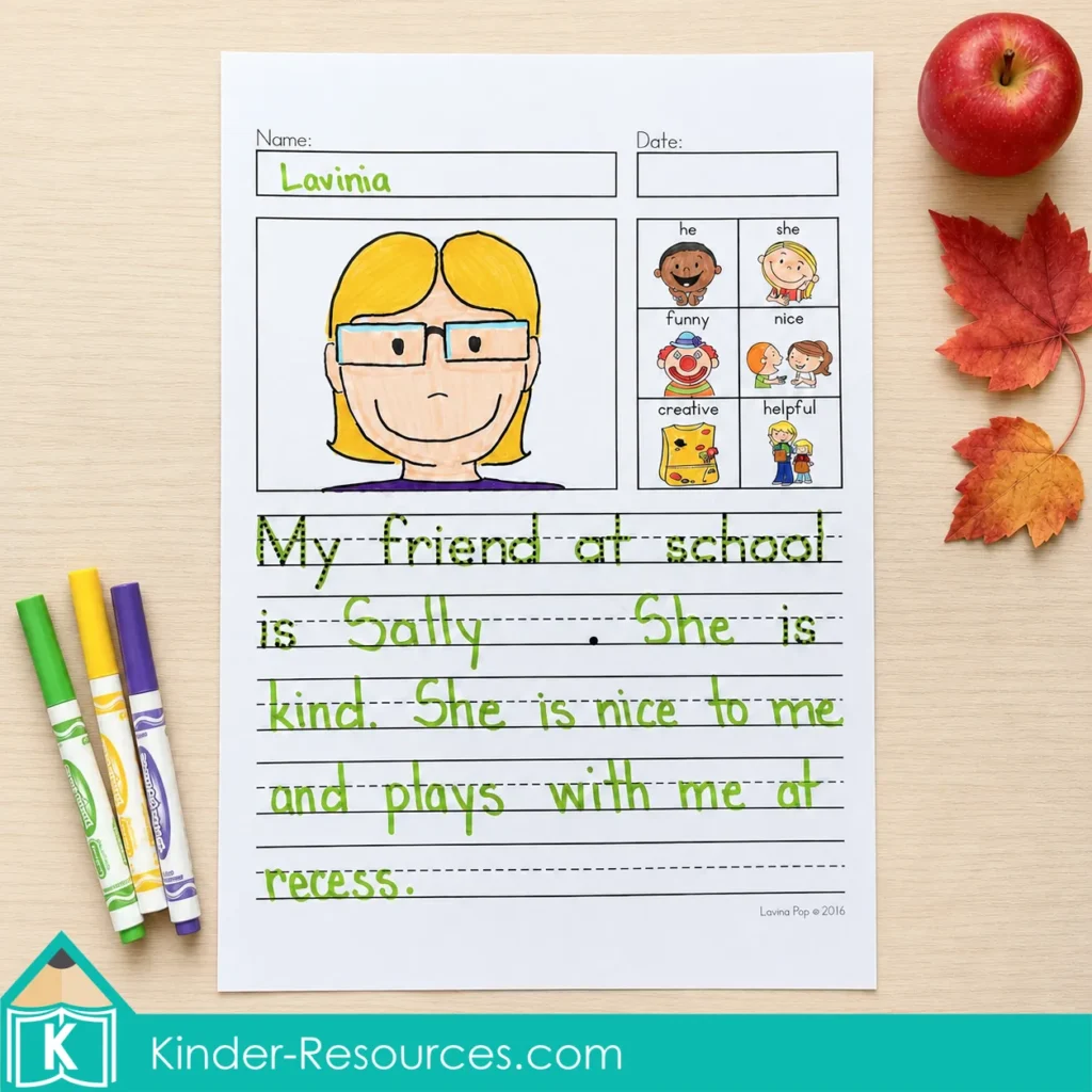 Completed school friend description using a picture word bank and primary handwriting lines.