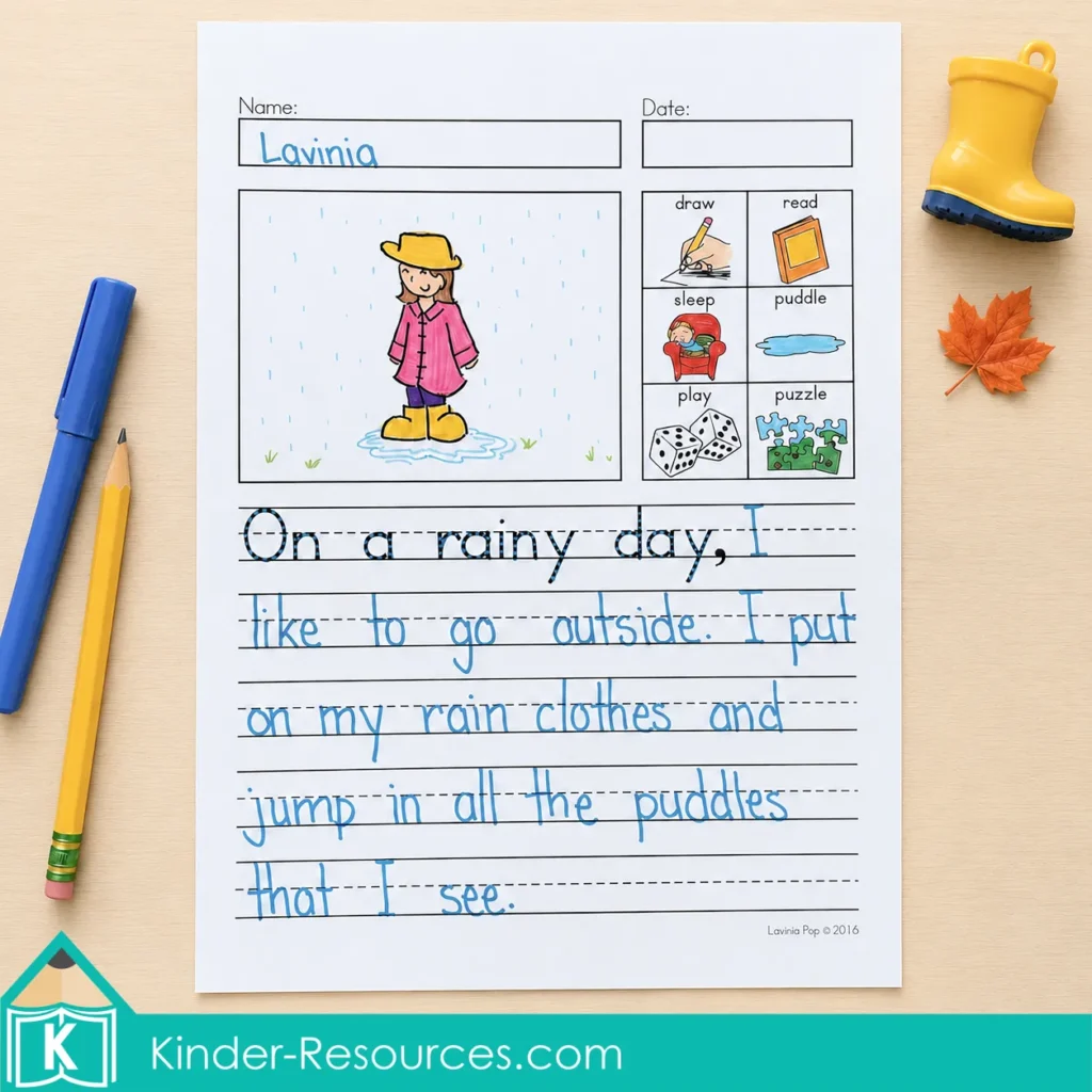 Writing about a rainy day with a picture word bank and handwriting lines