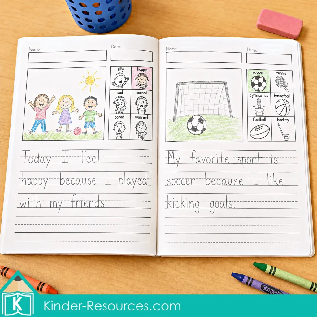 Open stapled September Writing Journal showing completed feelings and favorite sport writing pages.