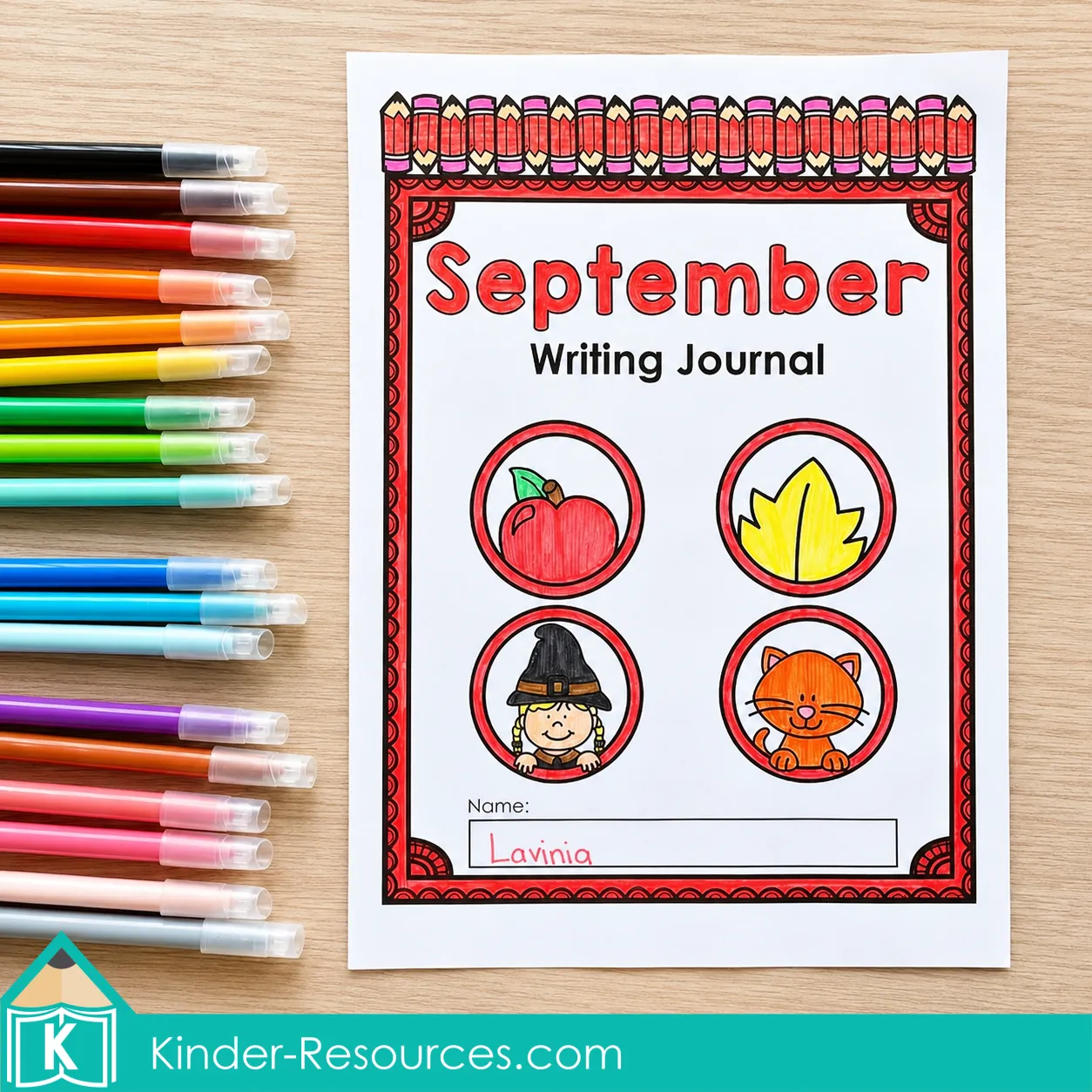 Using colored markers to complete a September writing journal cover with apple, autumn leaf, fairy tale, and pet themes.