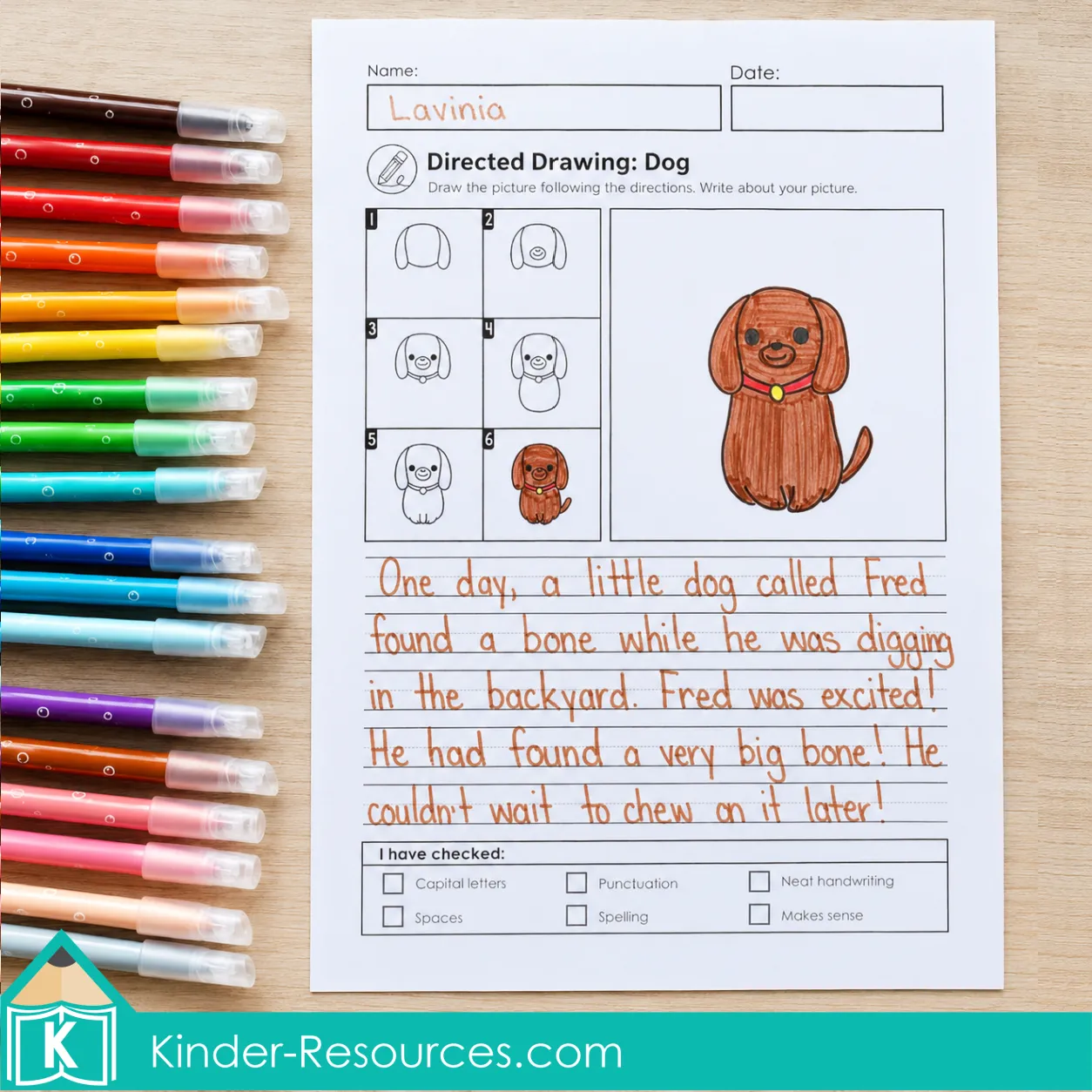 Following a directed drawing tutorial to draw a dog and write a short narrative during September writing practice.
