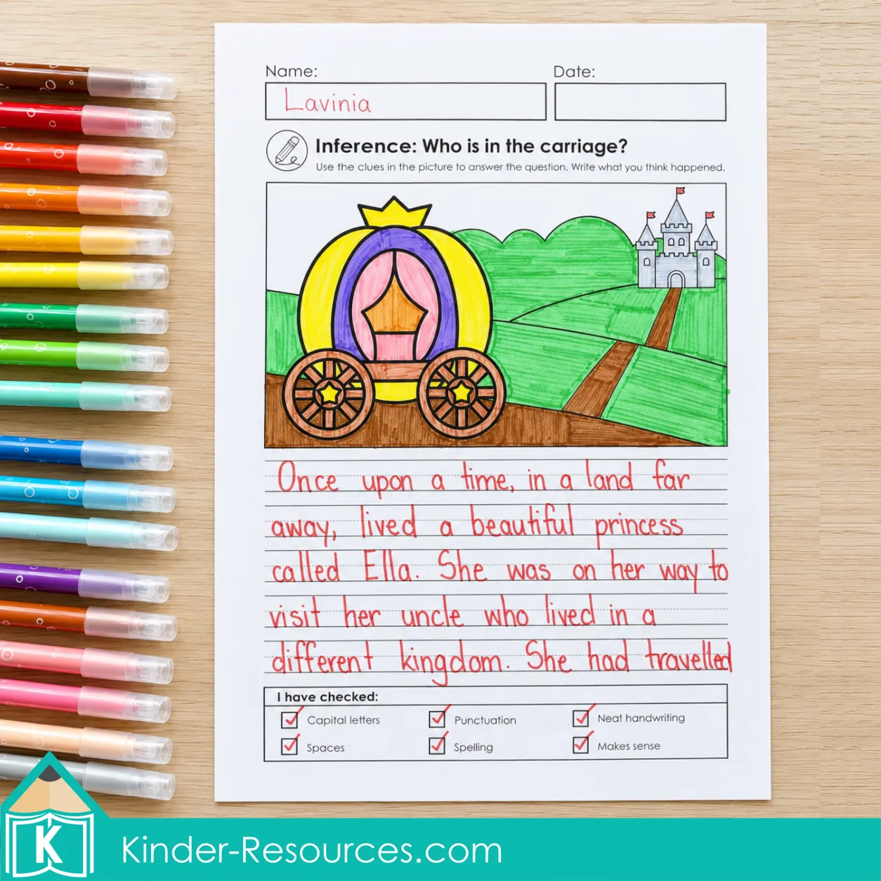 Using picture clues from a fairy tale carriage scene to infer who is inside and write a short story.