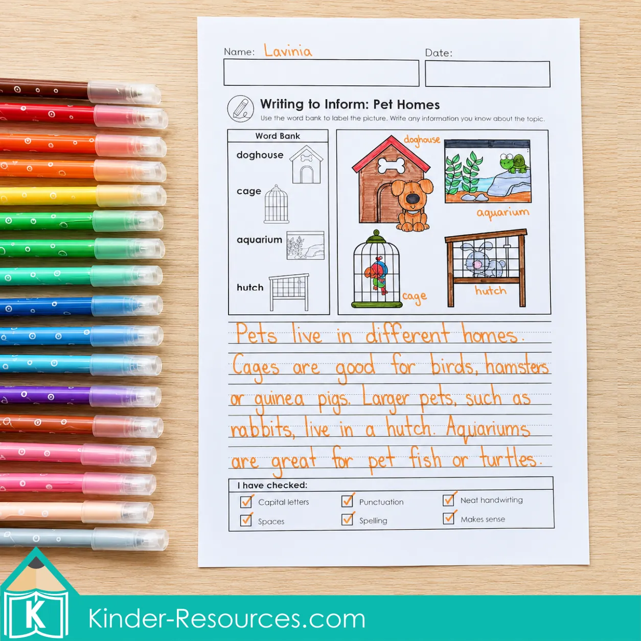 Using a word bank to label four pet homes and write informational sentences during September writing practice.