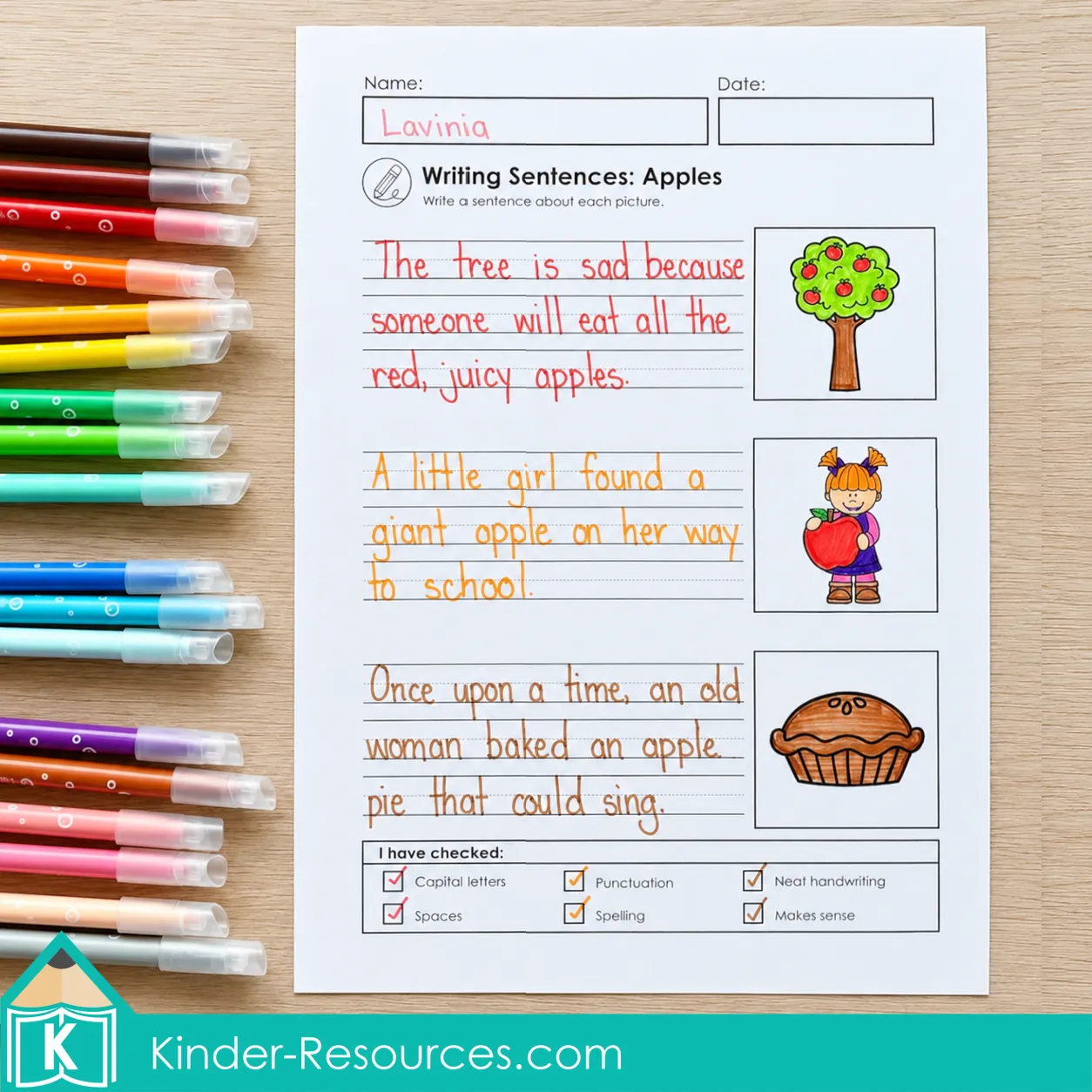 Writing three imaginative sentences about an apple tree, a girl holding an apple, and an apple pie.