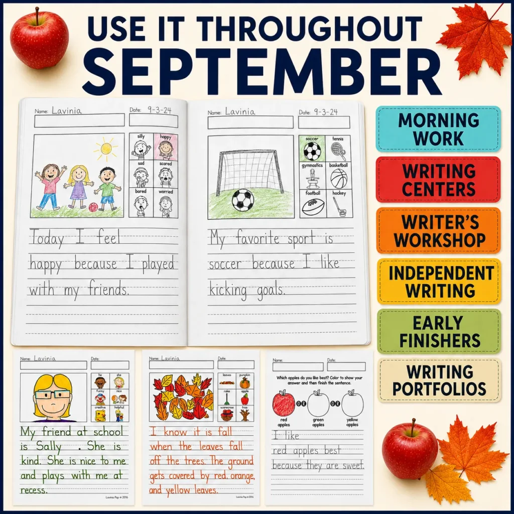 Using the September Writing Journal for morning work, writing centers, writer’s workshop, independent writing, early finishers, and portfolios.