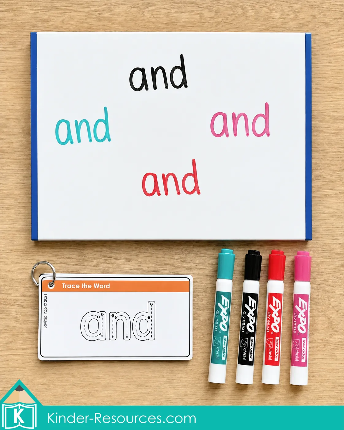 Using a sight word tracing card and dry erase board to practice writing the word and with colorful markers.