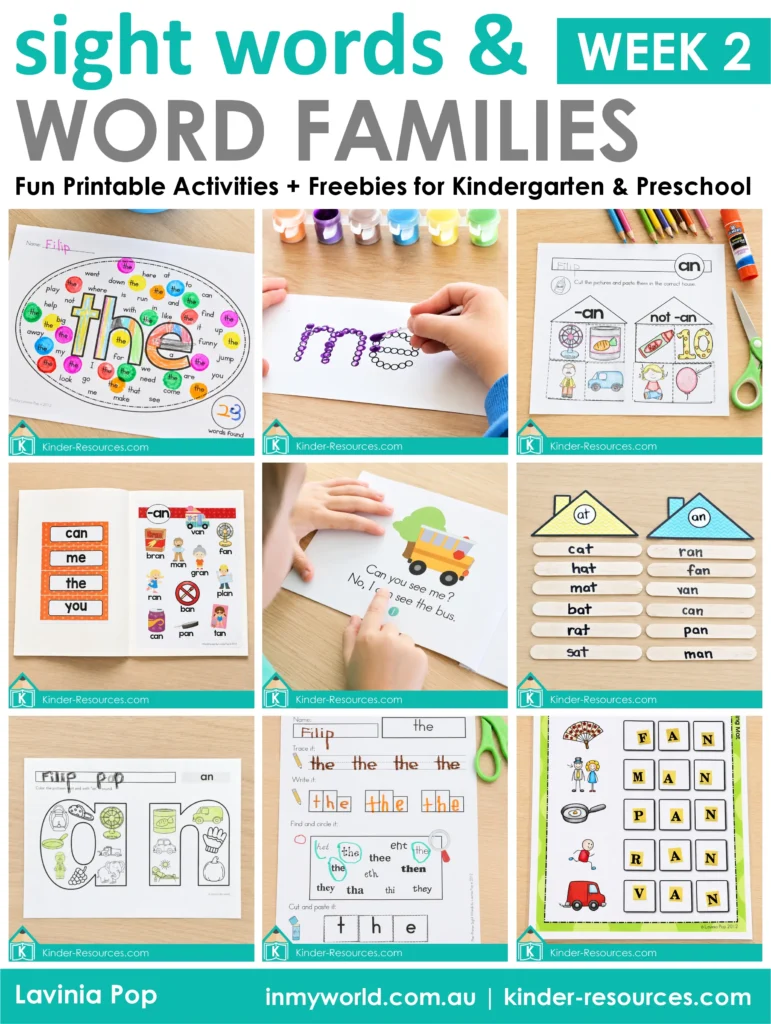 Practicing sight words and AN word family words with printable word finds, Q-tip painting, sorting, word building, reading, writing, and craft stick activities.