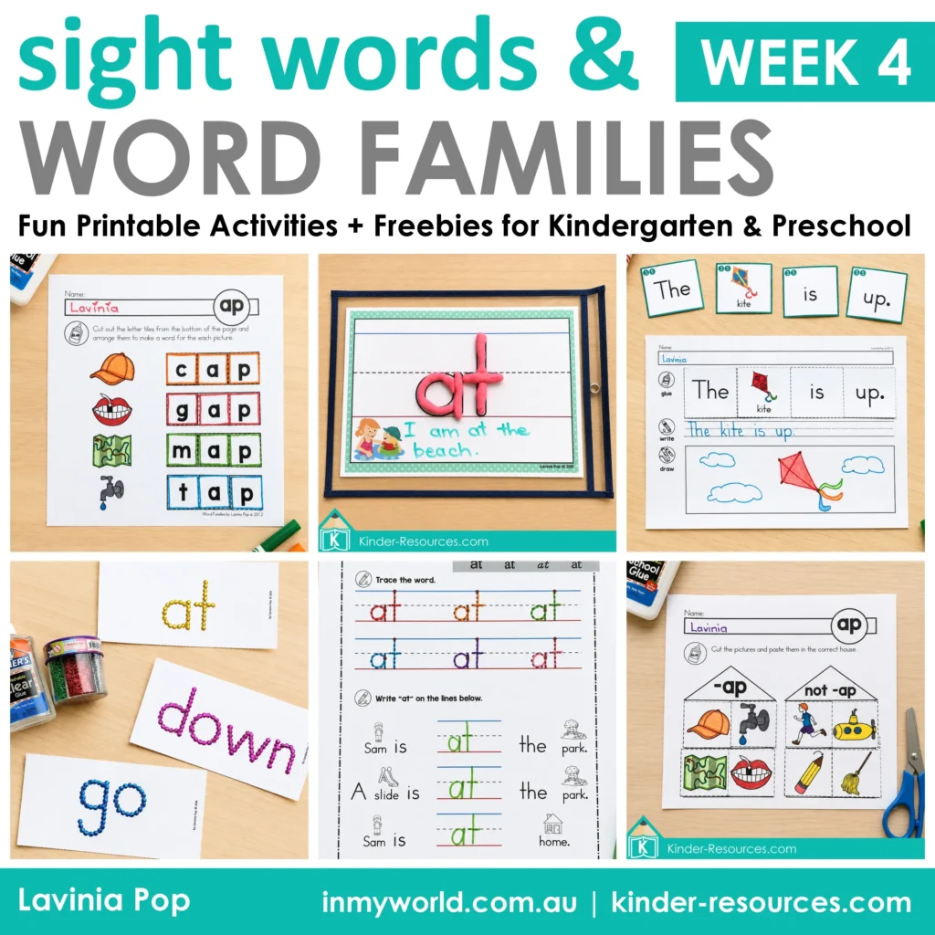 Kindergarten sight words and word families activities featuring sentence building, handwriting, play dough and AP word family practice.