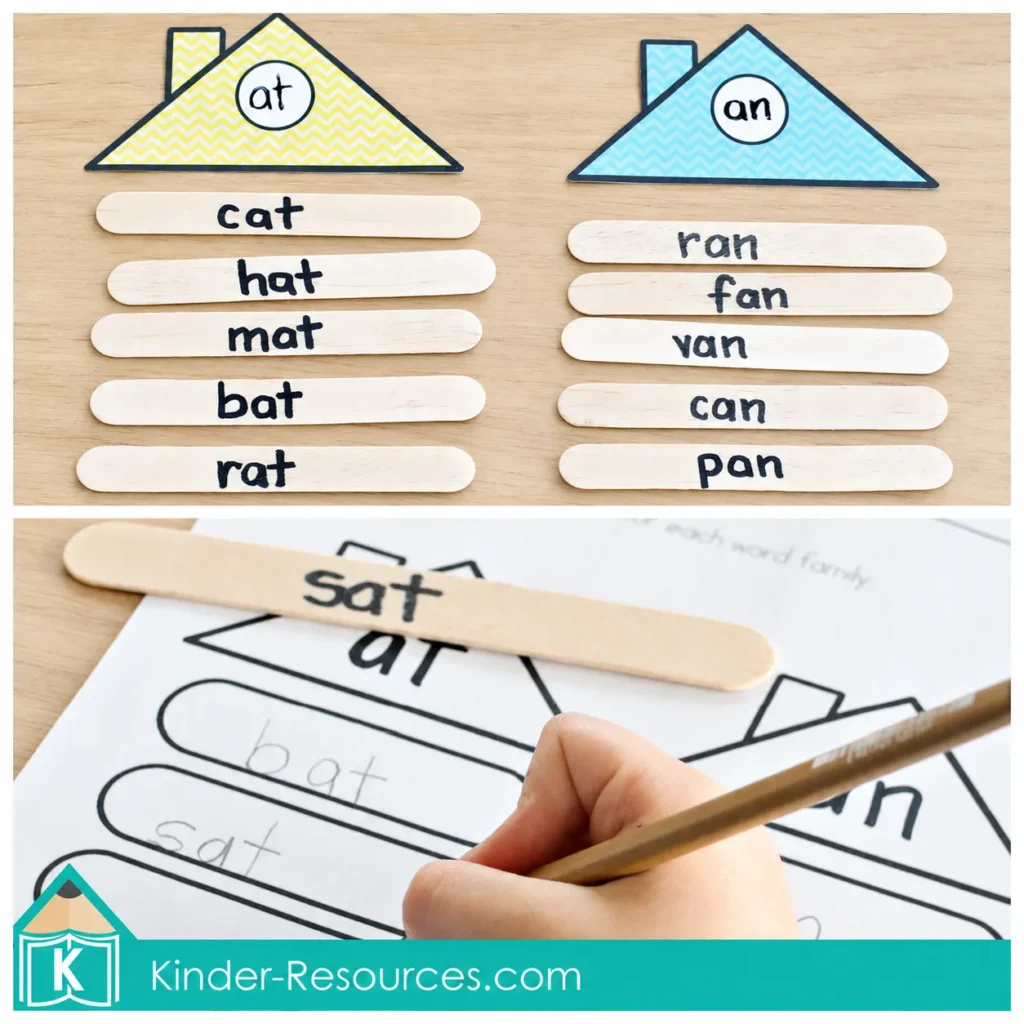 Sorting AT and AN word family words on craft sticks before writing CVC words on a printable worksheet.