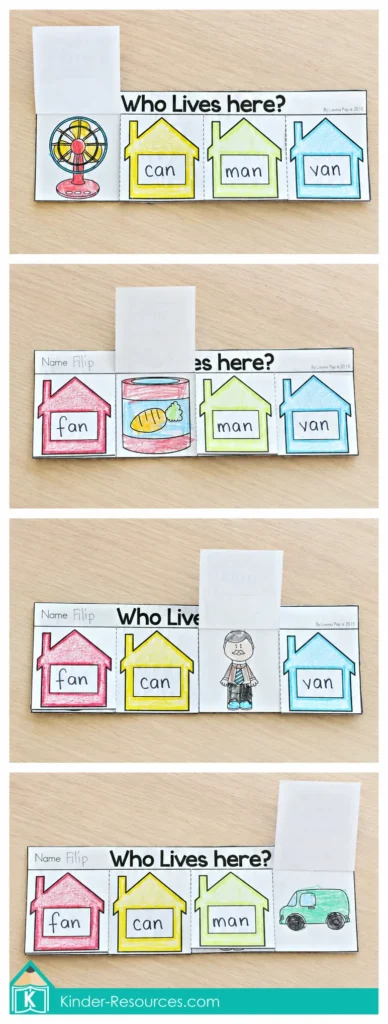 Lifting the flaps of a printable AN word family flip book to match fan, can, man, and van with their pictures.