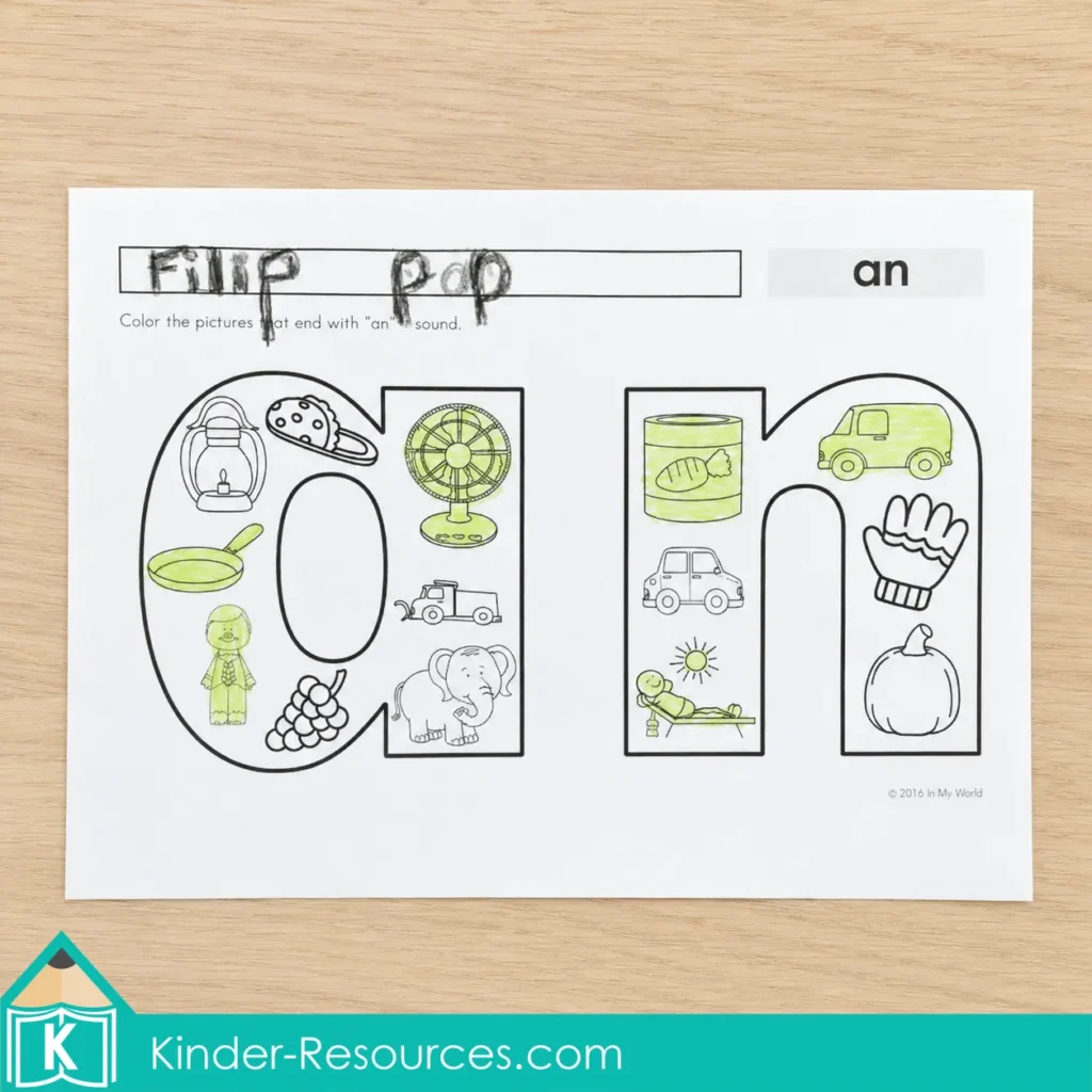 Completed AN word family coloring worksheet after identifying pictures that end with the AN sound.