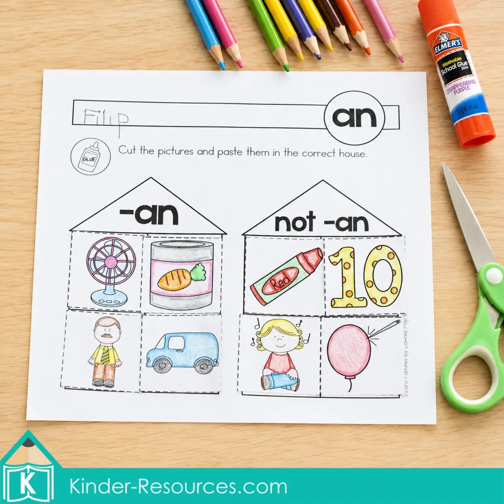 Using a cut and paste worksheet to sort colored pictures into -an and not -an word family houses.