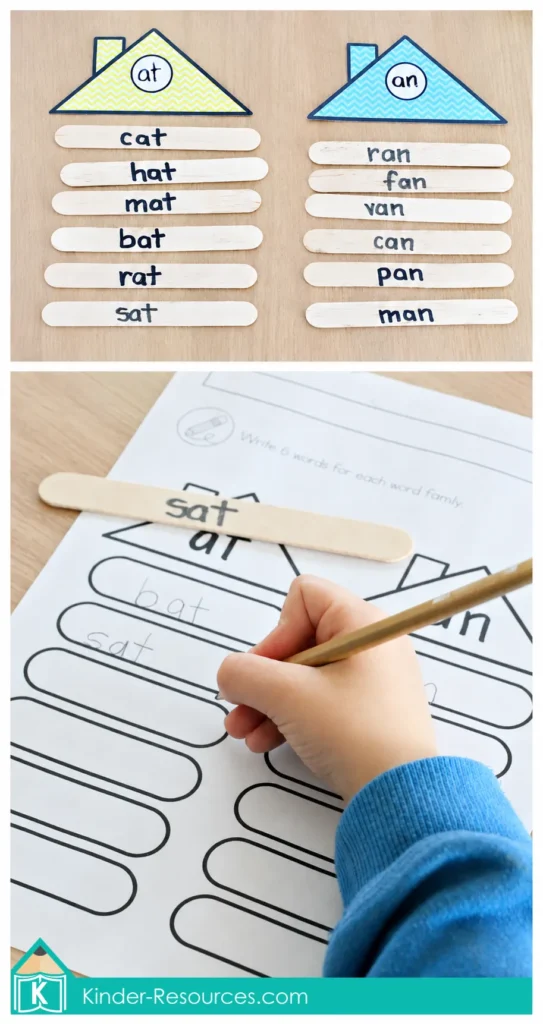 Sorting AT and AN word family words on craft sticks before writing CVC words on a printable worksheet.