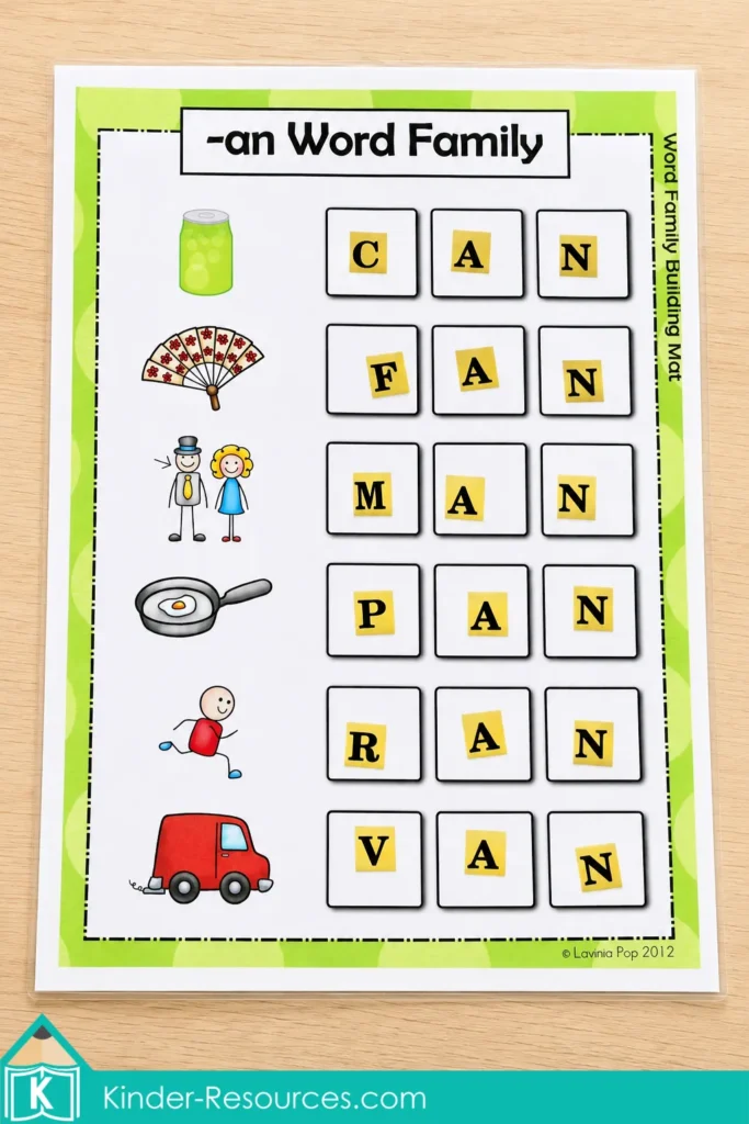Building can, fan, man, pan, ran, and van using movable letter tiles on a printable -an word family mat.