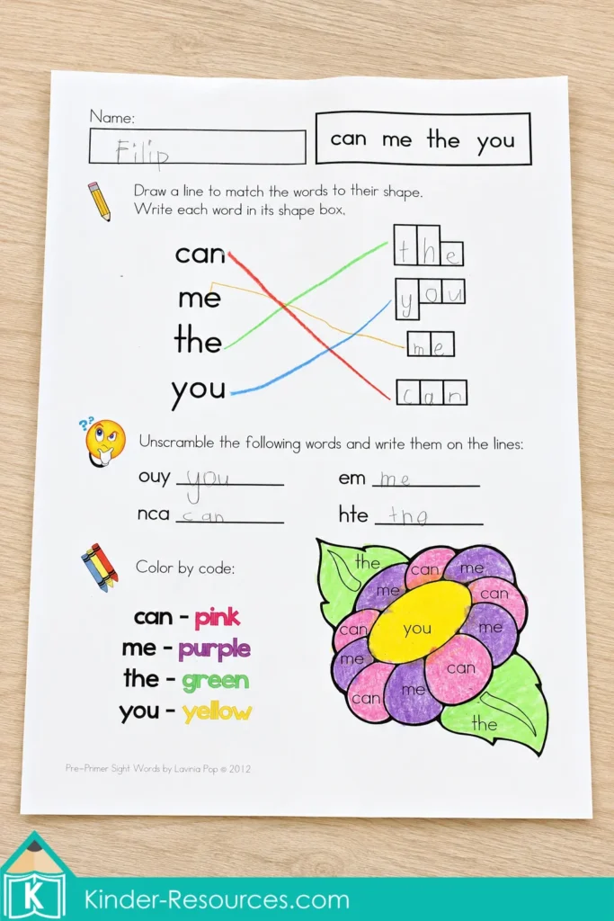 Completing a pre primer sight word assessment by matching, unscrambling, writing, and coloring the words can, me, the, and you.