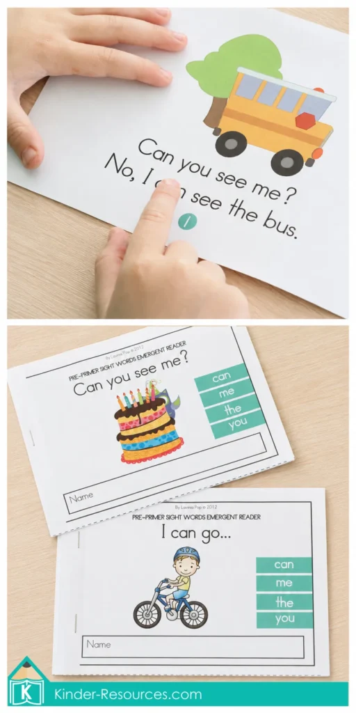Reading “Can You See Me?” and “I Can Go” emergent readers to practice the sight words can, me, the, and you.