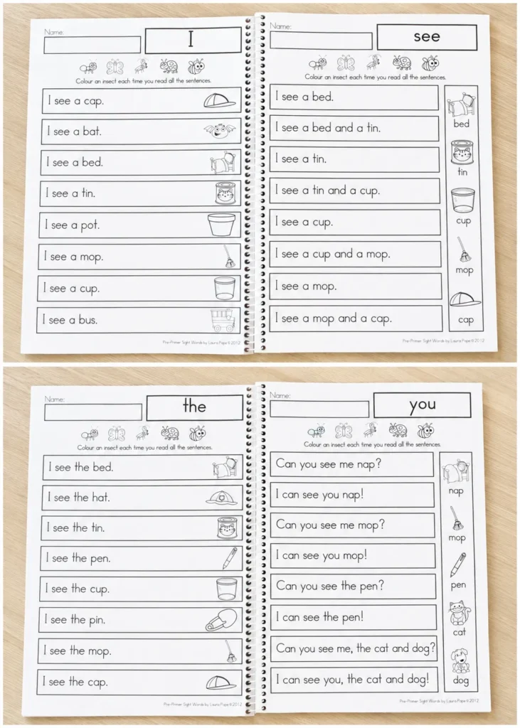 Reading a printable sight word book with fluency pages for I, see, can, me, the, and you.