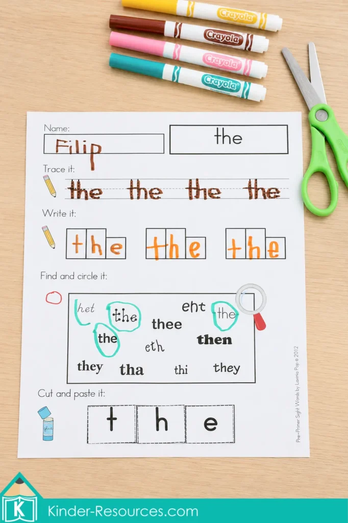 Tracing, writing, finding, circling, and building the sight word the using a printable kindergarten worksheet.