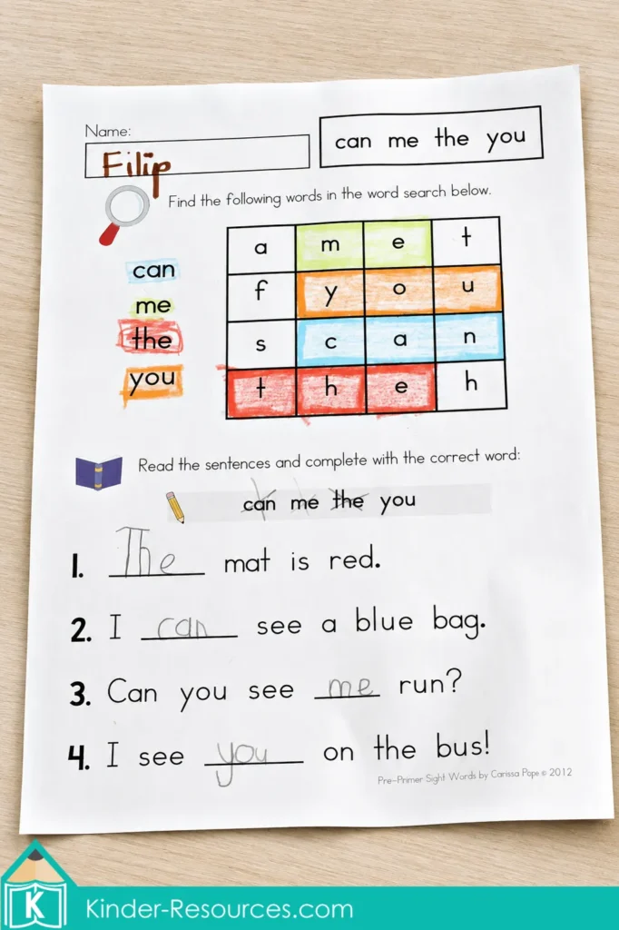 Pre-Primer Sight Word Assessment for Kindergarten