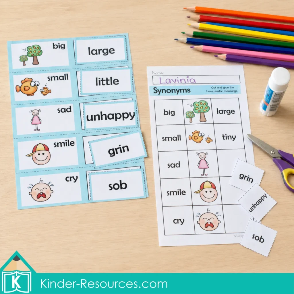 Hands on synonyms vocabulary activity using picture matching mats, word cards, and a cut and paste worksheet to pair words with similar meanings.