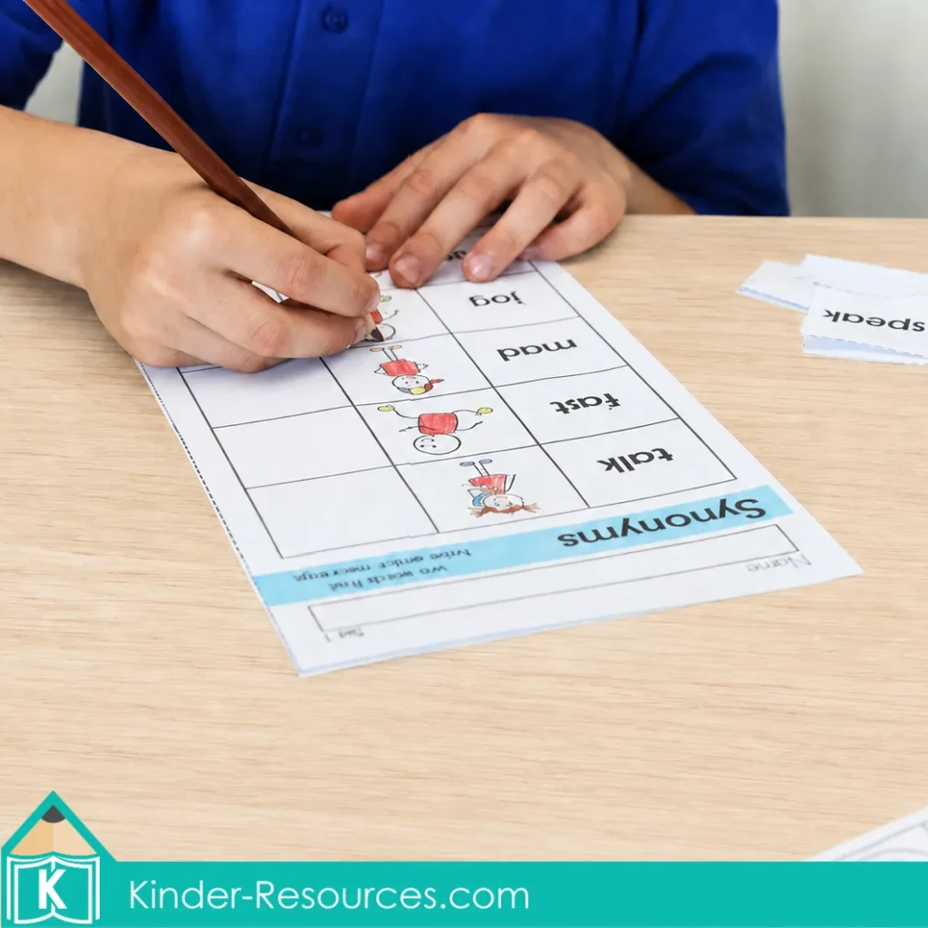 Coloring picture clues on a synonyms worksheet before matching words with similar meanings.
