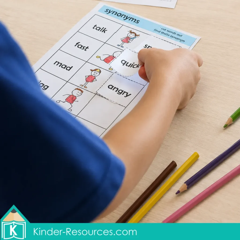 Gluing word cards beside their matching synonyms on a cut and paste vocabulary worksheet.