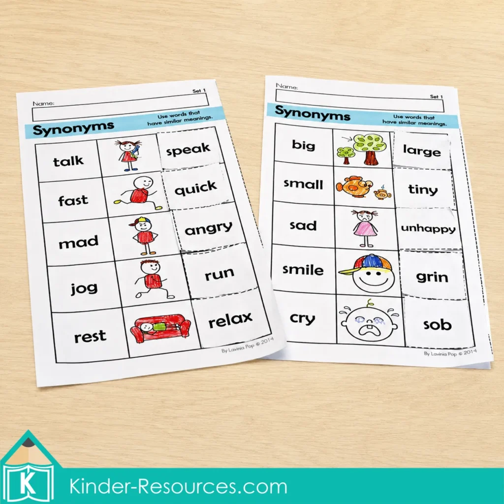 Completed free synonyms activity worksheets with picture clues and matched word pairs for practicing words with similar meanings.