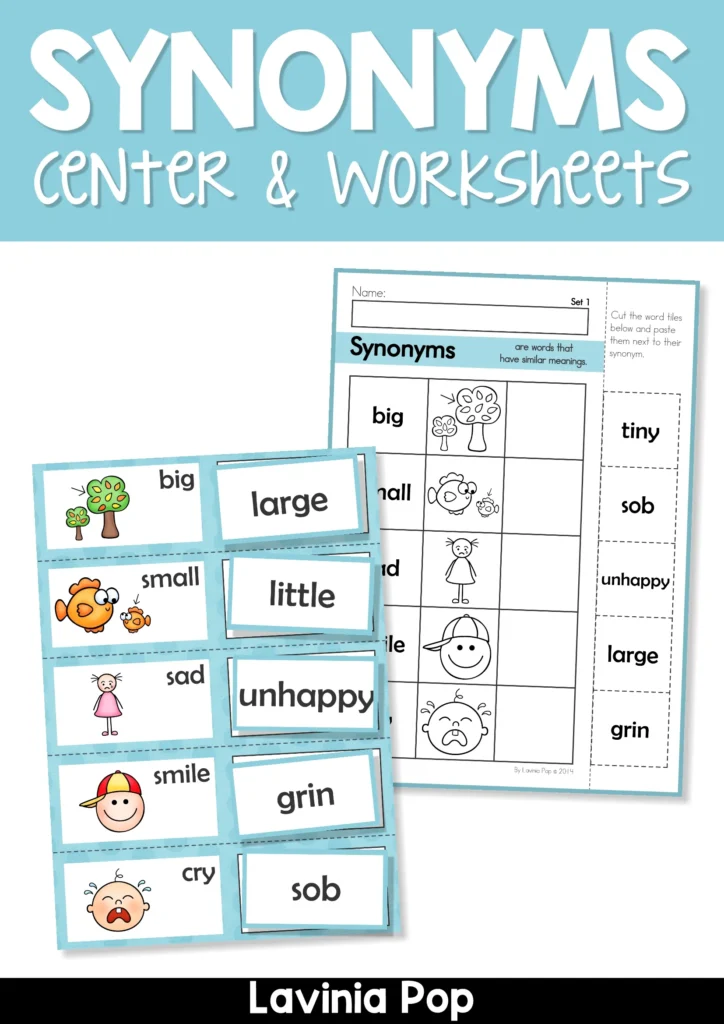 Synonyms Center and Worksheets cover with picture matching mats, synonym word cards, and cut and paste activities.
