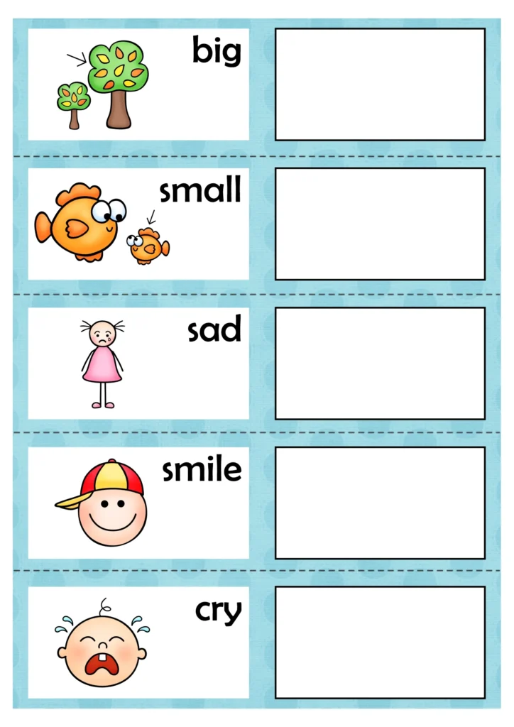 FREE! Color synonyms matching mat with picture clues for big, small, sad, smile, and cry and empty boxes for matching word cards.