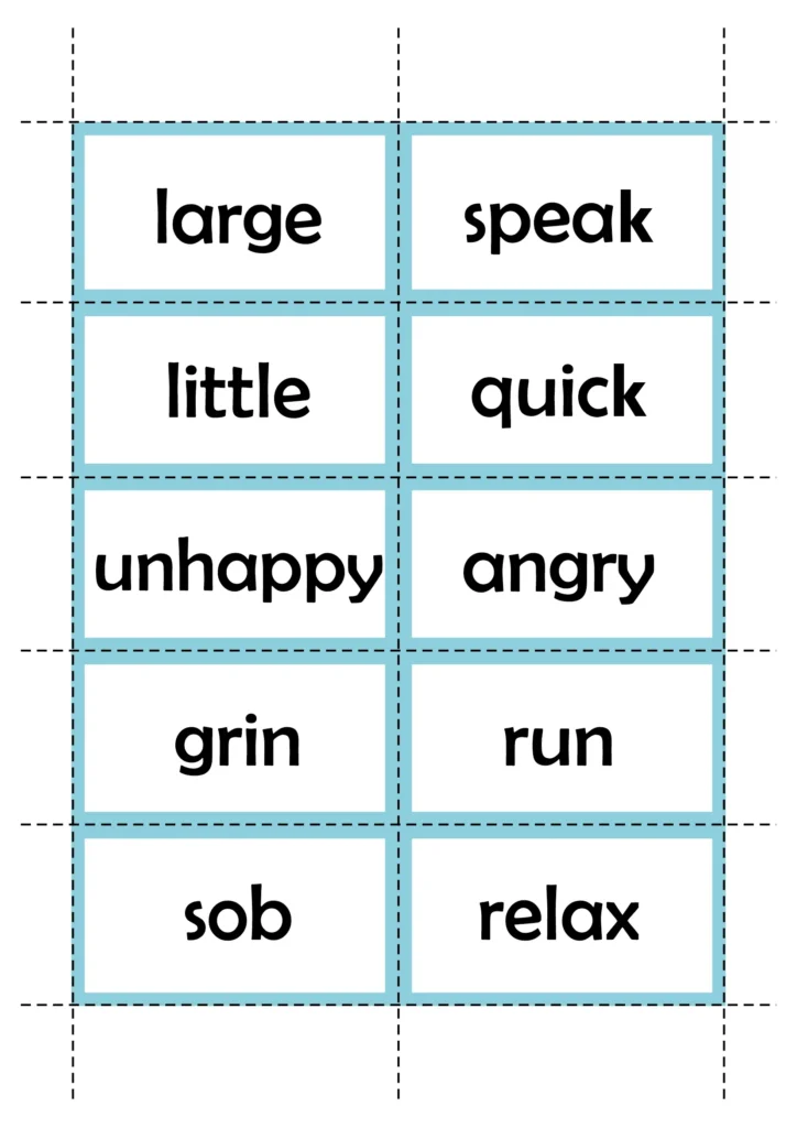 FREE! Printable synonym word cards including large, speak, little, quick, unhappy, angry, grin, run, sob, and relax for a vocabulary matching center.