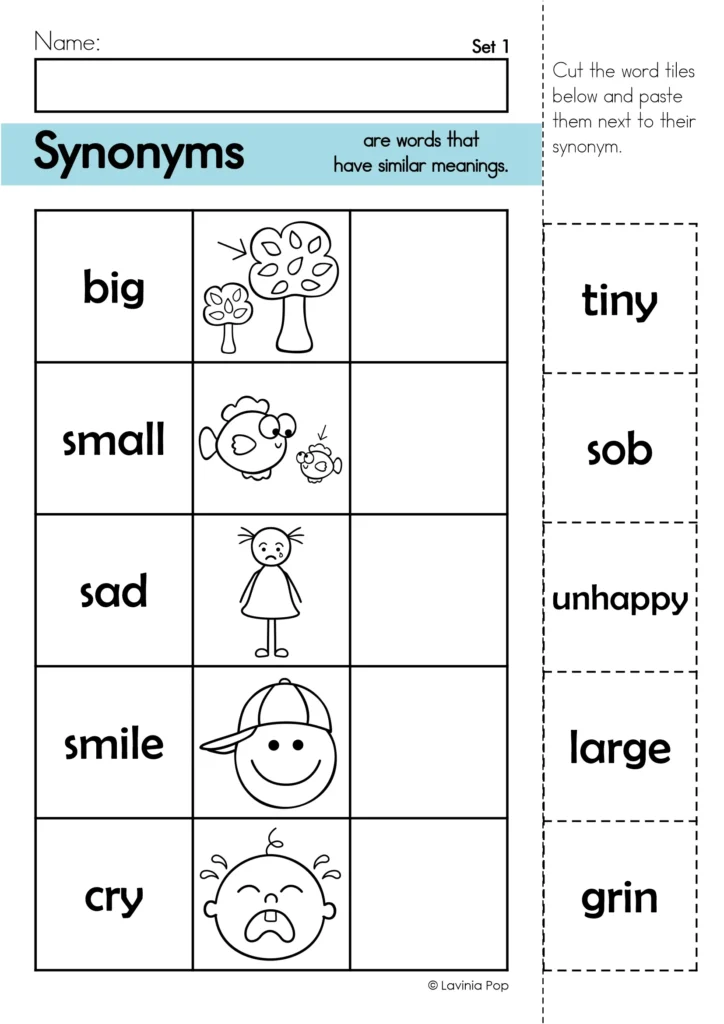 FREE! Black and white synonyms worksheet for cutting and pasting word tiles beside words with similar meanings.