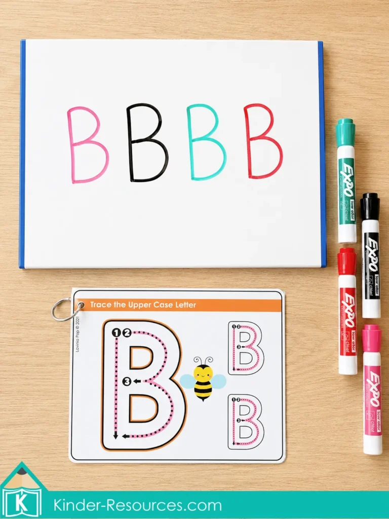 Using an uppercase letter B tracing card and dry erase board to practice writing capital B with colorful markers.