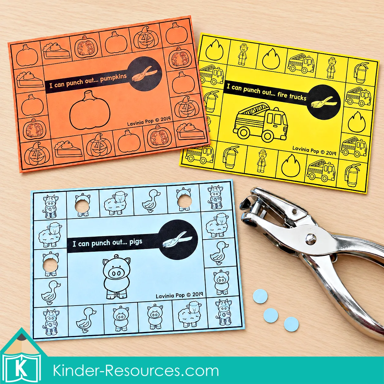 October fine motor morning tubs hole punch cards for preschool with pumpkin, fire truck, and farm pictures to strengthen hands and hand eye coordination